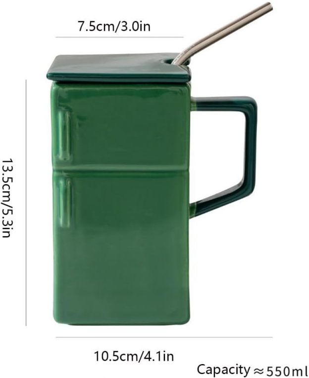 18 Oz Funny Ceramic Mug Refrigerator Shaped Cups, Creative Retro Tea Coffee Milk Cup With Lid Straw, Special-Shaped Coffee Cup For Office And Home,Silver-Gray-POIULTD