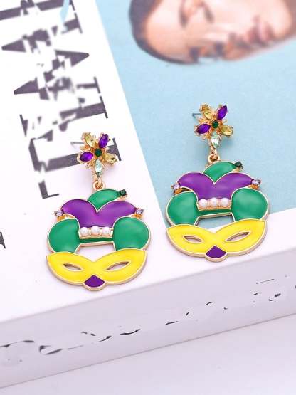 Women's Carnival Mask Alloy Inlaid With Imitation Pearls Irish Hat Versatile Fashion Earrings-POIULTD