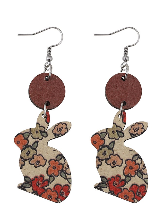 Easter Flower Bunny Reversible Wooden Earrings-POIULTD