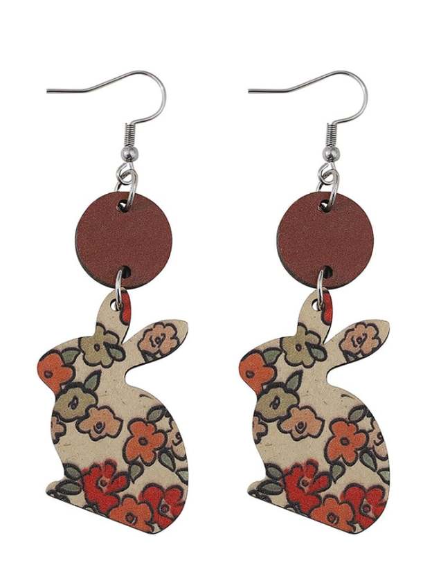 Easter Flower Bunny Reversible Wooden Earrings-POIULTD