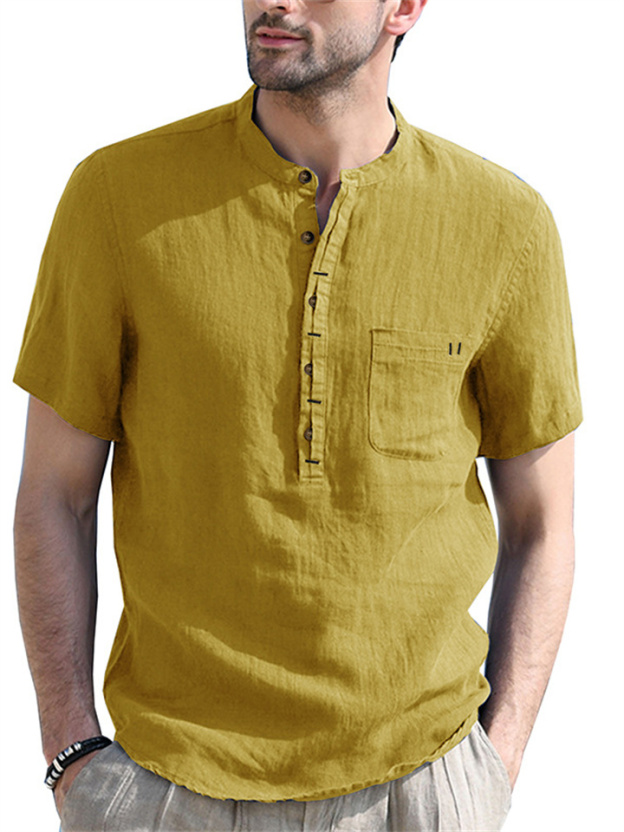Stand Collar Short-sleeved Linen Shirt Sleeve Breathable Casual Linen Soft Slim Fit Men