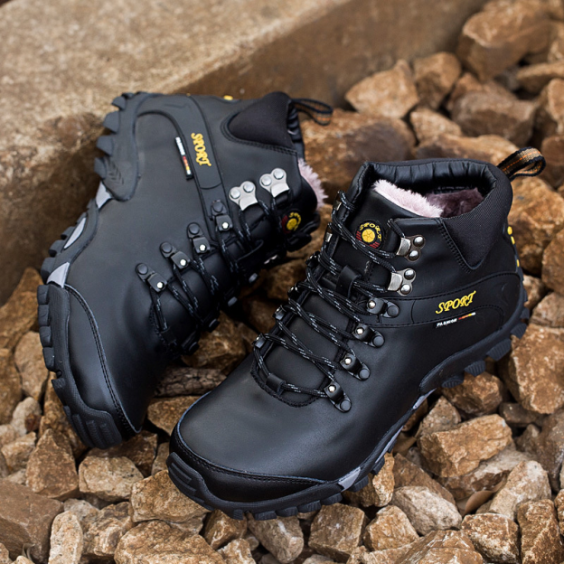 (⏰Limited Time Sale 69%off)Men's Genuine Leather Waterproof Hiking Boots Wide-Toe Warm Insulated Winter Ankle Boots-POIULTD