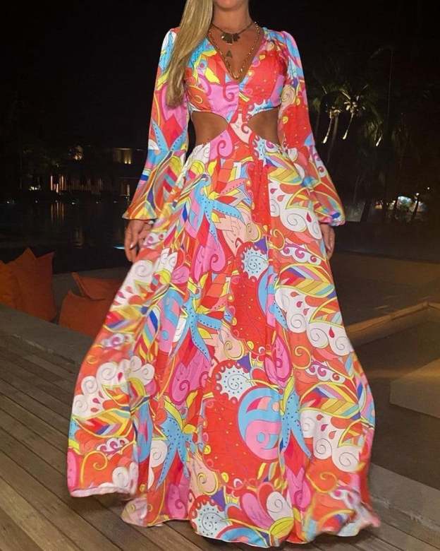 Long Sleeve Print Cutout Dress-POIULTD