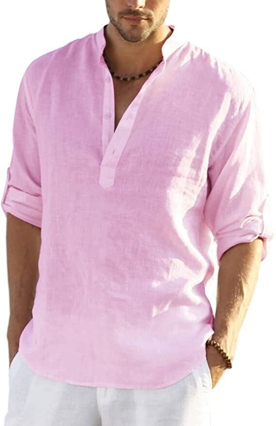 2024 Men's Cotton Linen Henley Shirt Long Sleeve Hippie Casual Beach T Shirts-POIULTD