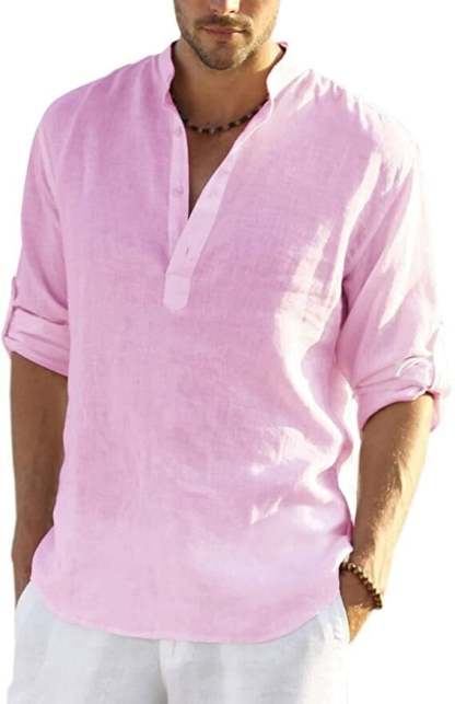 2024 Men's Cotton Linen Henley Shirt Long Sleeve Hippie Casual Beach T Shirts-POIULTD