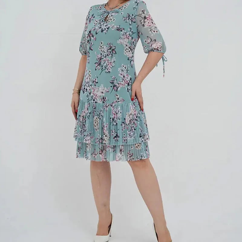 🌹Elegant chiffon long pleated dress with short sleeves-POIULTD