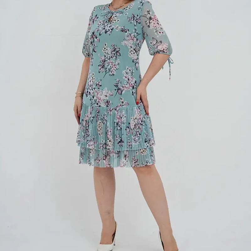🌹Elegant chiffon long pleated dress with short sleeves-POIULTD