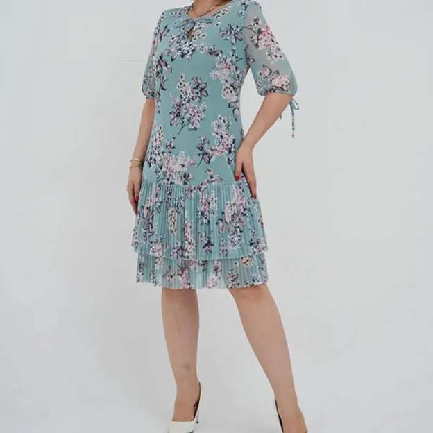 🌹Elegant chiffon long pleated dress with short sleeves-POIULTD