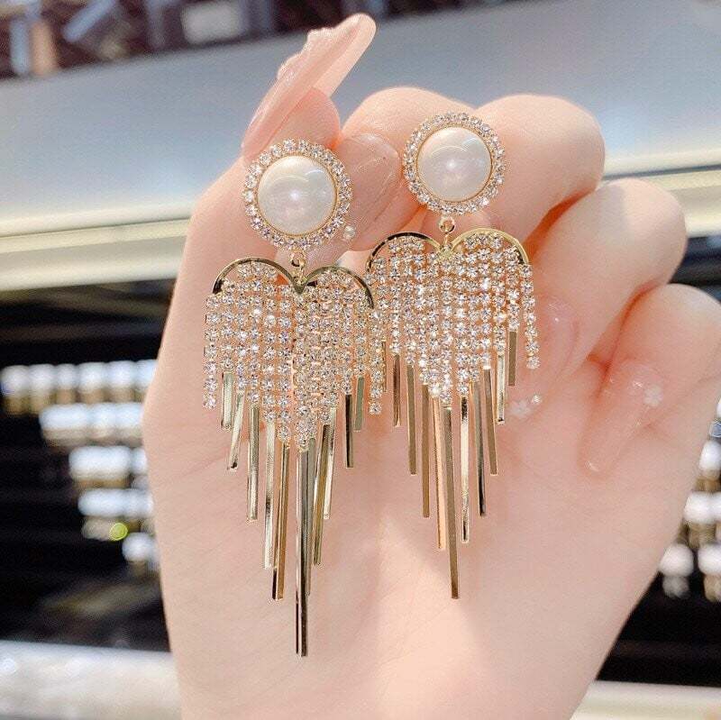 Pearl full diamond tassel earrings-POIULTD