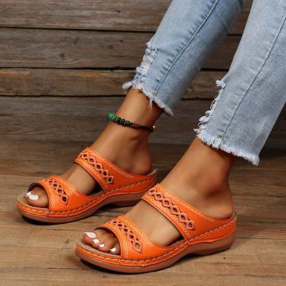 Retro Anti Slip Round Toe Sloping Heel Comfortable Women'S Slippers-POIULTD