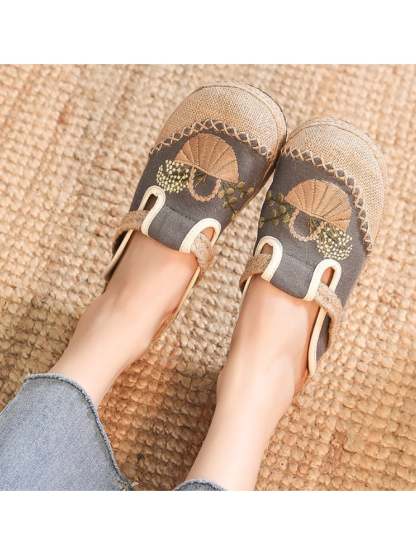New National Style Women's Embroidered Shoes Can Wear Flat Slippers Linen Linen Midsole Women's Singles Shoes-POIULTD