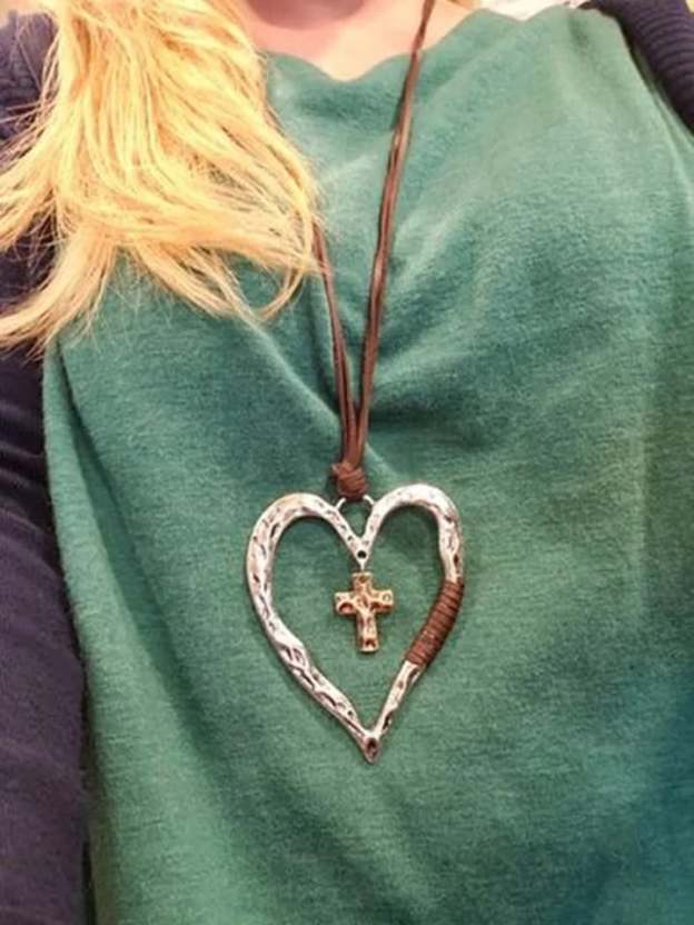Women's Vintage Cross Love Heart Adjustable Pendant Necklace-POIULTD