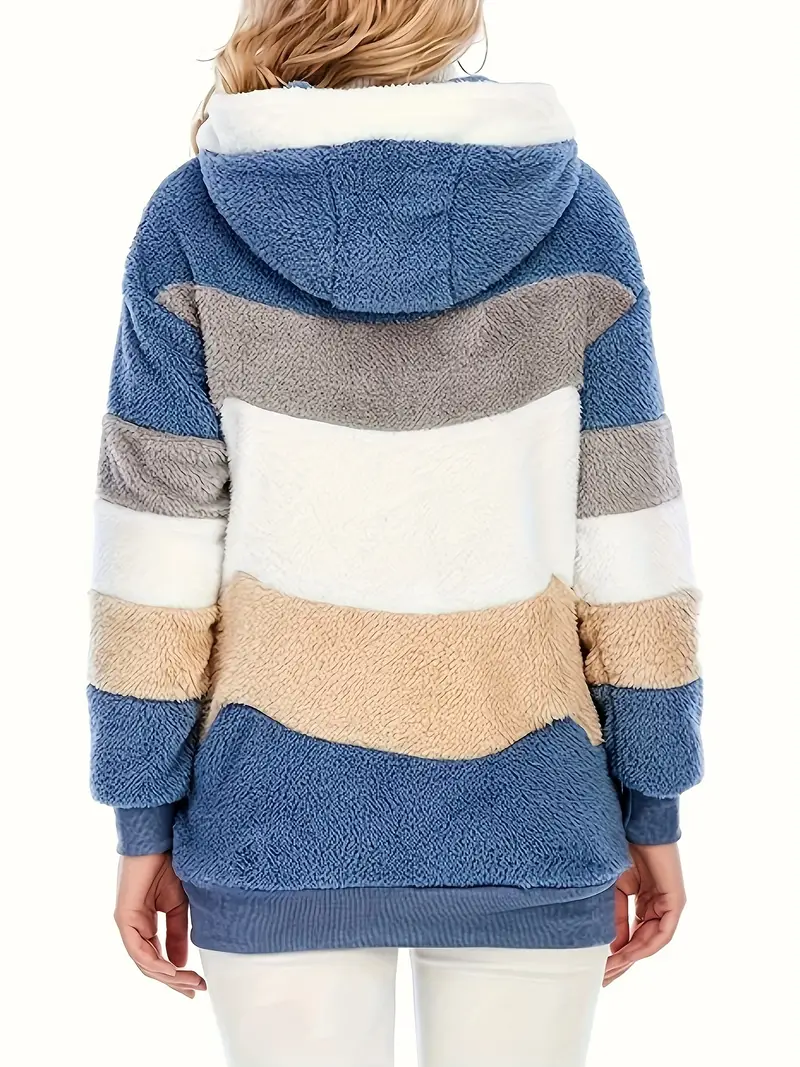 Fuzzy Color Block Coat, Casual Hooded Zip Up Drawstring Long Sleeve Outerwear, Women's Clothing