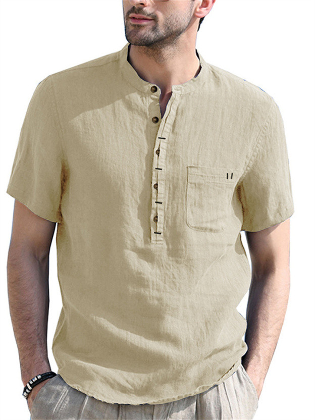 Stand Collar Short-sleeved Linen Shirt Sleeve Breathable Casual Linen Soft Slim Fit Men