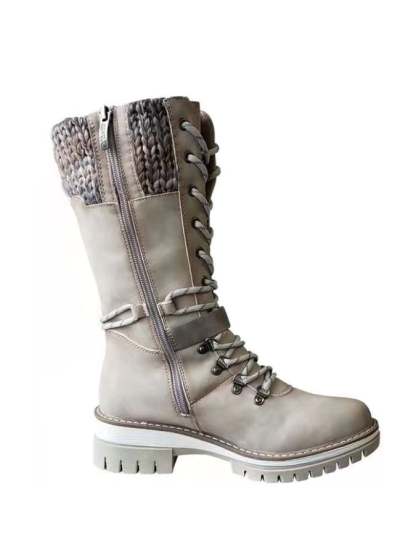The New Mid -Tube Martin Boots Round -Headed Pure Color Thick Heel Front Line Lace Snow Boots Women's Boots-POIULTD