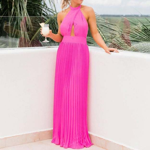 Accordion pleats Halter Maxi Dress-POIULTD