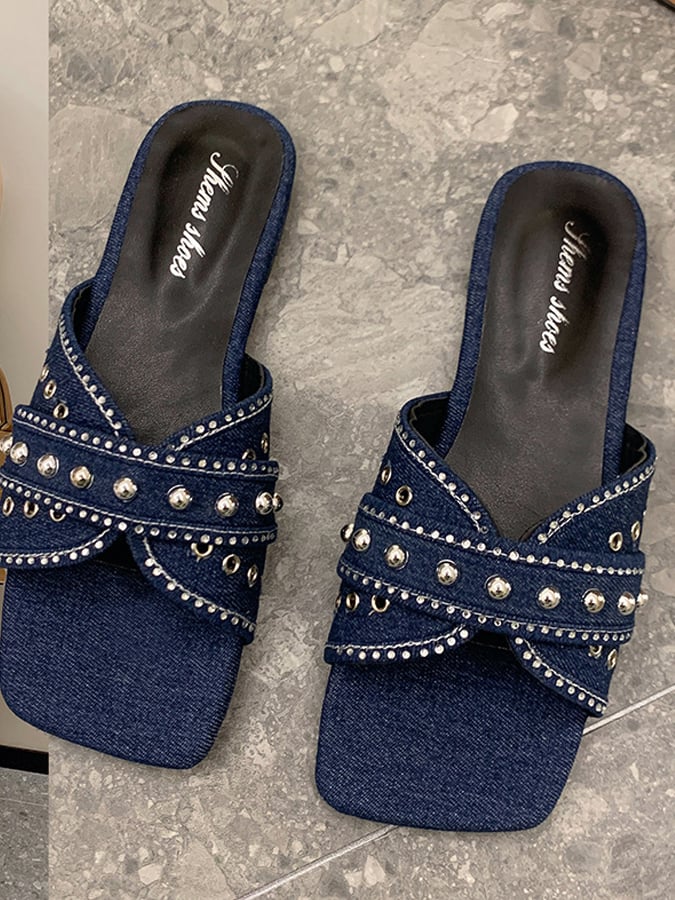 Slipper Female Denim Rhinestone Rivet Flat Beach Sandals Simple Outer Outer Leisure And Sand Slippers-POIULTD