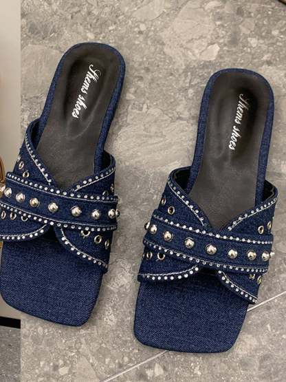 Slipper Female Denim Rhinestone Rivet Flat Beach Sandals Simple Outer Outer Leisure And Sand Slippers-POIULTD