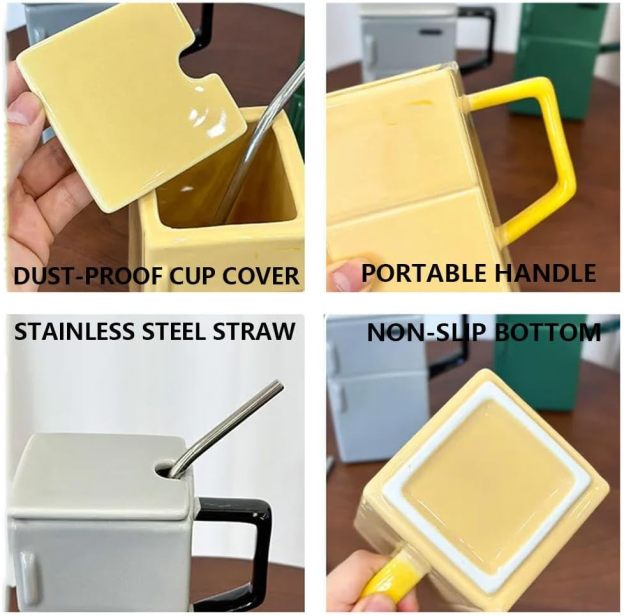 18 Oz Funny Ceramic Mug Refrigerator Shaped Cups, Creative Retro Tea Coffee Milk Cup With Lid Straw, Special-Shaped Coffee Cup For Office And Home,Silver-Gray-POIULTD