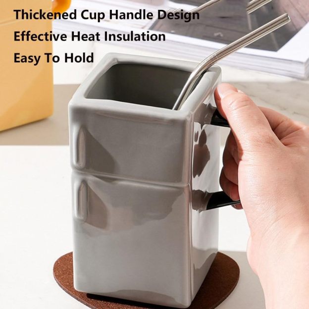 18 Oz Funny Ceramic Mug Refrigerator Shaped Cups, Creative Retro Tea Coffee Milk Cup With Lid Straw, Special-Shaped Coffee Cup For Office And Home,Silver-Gray-POIULTD