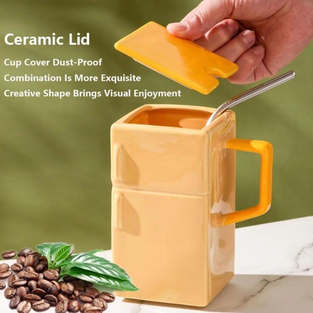 18 Oz Funny Ceramic Mug Refrigerator Shaped Cups, Creative Retro Tea Coffee Milk Cup With Lid Straw, Special-Shaped Coffee Cup For Office And Home,Silver-Gray-POIULTD