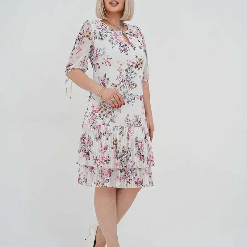 🌹Elegant chiffon long pleated dress with short sleeves-POIULTD