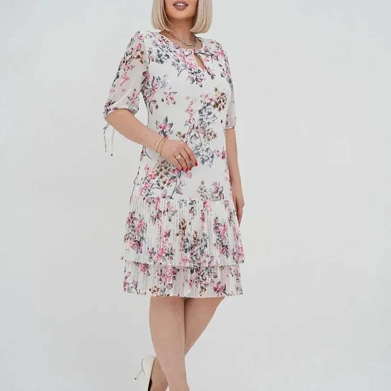 🌹Elegant chiffon long pleated dress with short sleeves-POIULTD