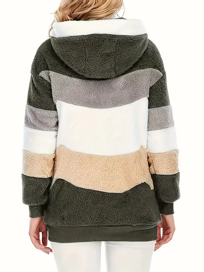 Fuzzy Color Block Coat, Casual Hooded Zip Up Drawstring Long Sleeve Outerwear, Women's Clothing
