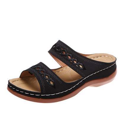 Retro Anti Slip Round Toe Sloping Heel Comfortable Women'S Slippers-POIULTD