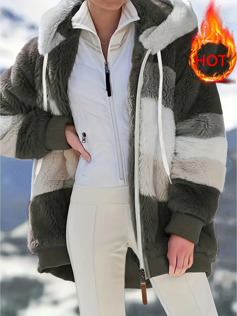 Fuzzy Color Block Coat, Casual Hooded Zip Up Drawstring Long Sleeve Outerwear, Women's Clothing