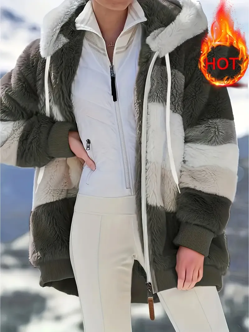 Fuzzy Color Block Coat, Casual Hooded Zip Up Drawstring Long Sleeve Outerwear, Women's Clothing