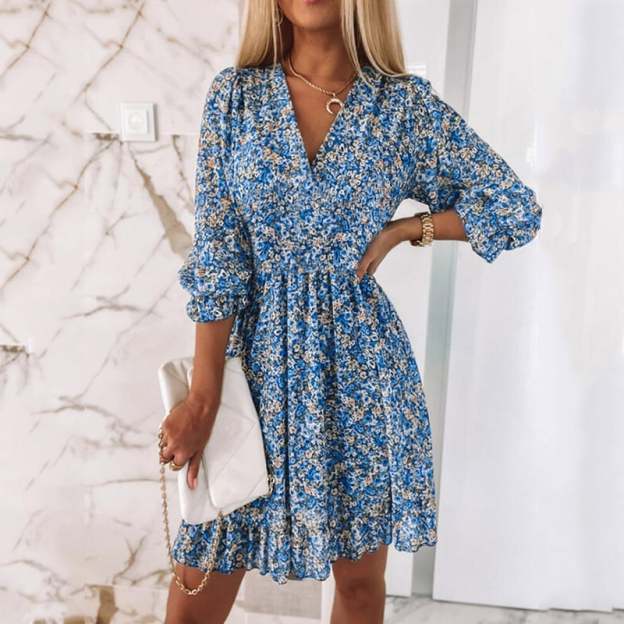 Puff Sleeve Mid Waist Floral Dress-POIULTD