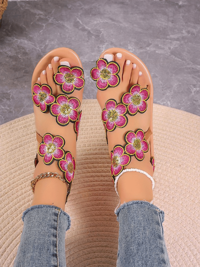 Women's Bohemian Flat Toe Colorful Flower Sandals-POIULTD