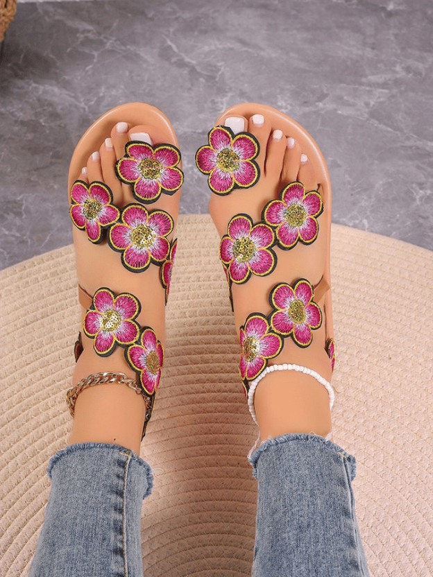 Women's Bohemian Flat Toe Colorful Flower Sandals-POIULTD