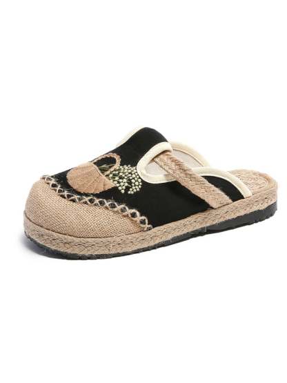 New National Style Women's Embroidered Shoes Can Wear Flat Slippers Linen Linen Midsole Women's Singles Shoes-POIULTD