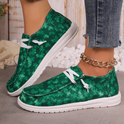 Women's Clover Print Flat Casual Canvas Shoes-POIULTD
