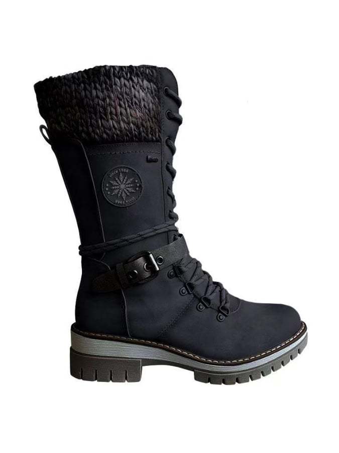 The New Mid -Tube Martin Boots Round -Headed Pure Color Thick Heel Front Line Lace Snow Boots Women's Boots-POIULTD
