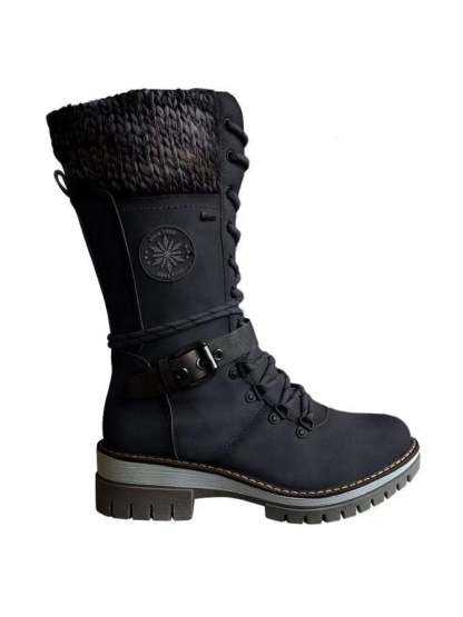 The New Mid -Tube Martin Boots Round -Headed Pure Color Thick Heel Front Line Lace Snow Boots Women's Boots-POIULTD