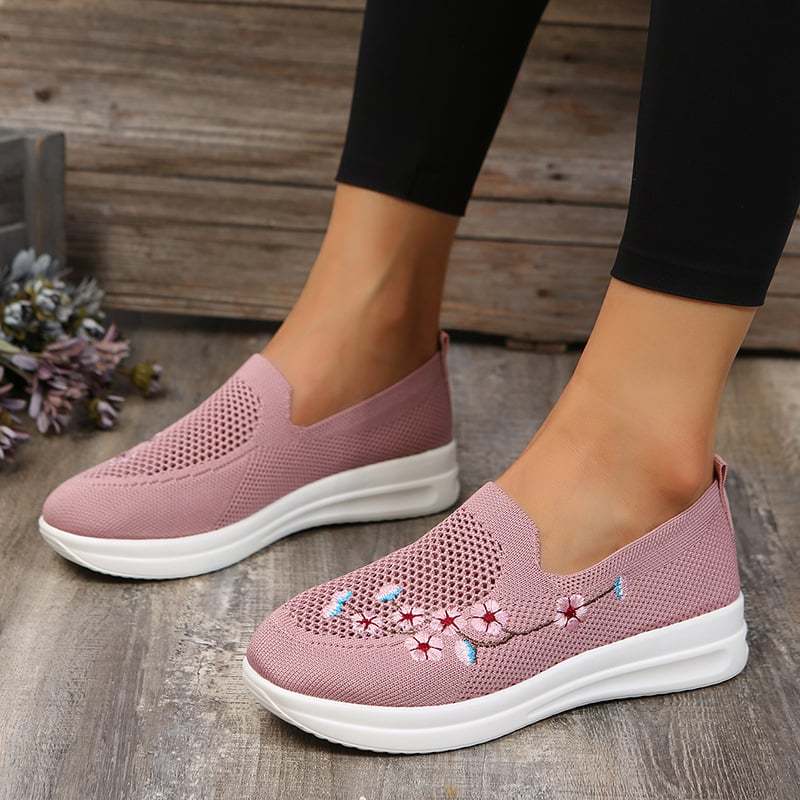 Casual Stretch Embroidery Flat Women's Flyknit Shoes-POIULTD