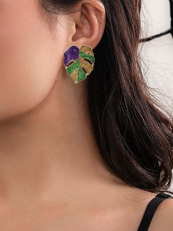Women's Carnival Colorful Leaf Earrings Fashionable And Versatile Temperament Light Luxury Earrings-POIULTD