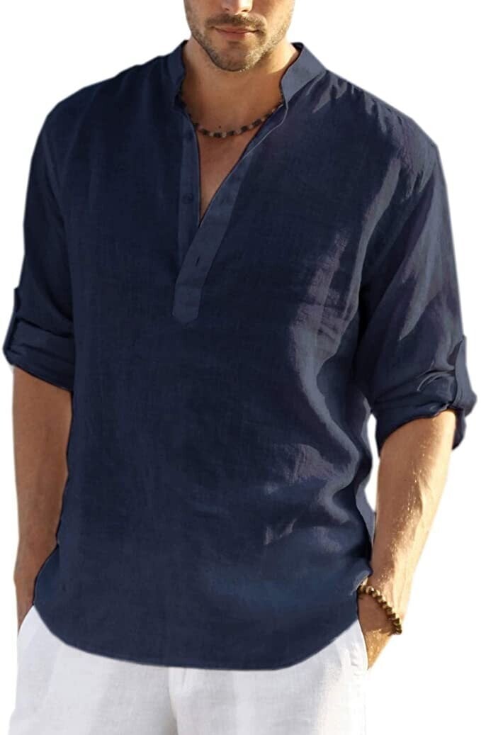 2024 Men's Cotton Linen Henley Shirt Long Sleeve Hippie Casual Beach T Shirts-POIULTD