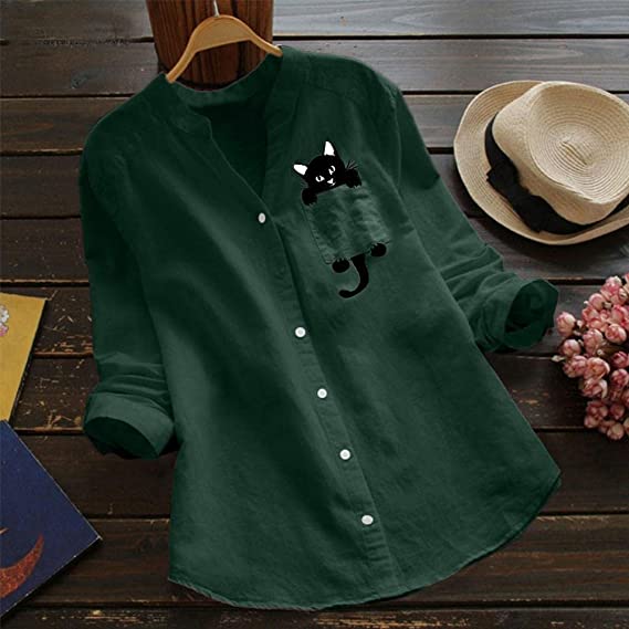 🔥V-neck Cotton And Cat Print Long Sleeve Blouse-POIULTD