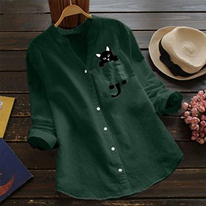 🔥V-neck Cotton And Cat Print Long Sleeve Blouse-POIULTD