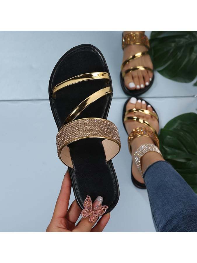 Flat -Bottom Slippers Female Round Head Sequin Rhinestone Light Slippers-POIULTD