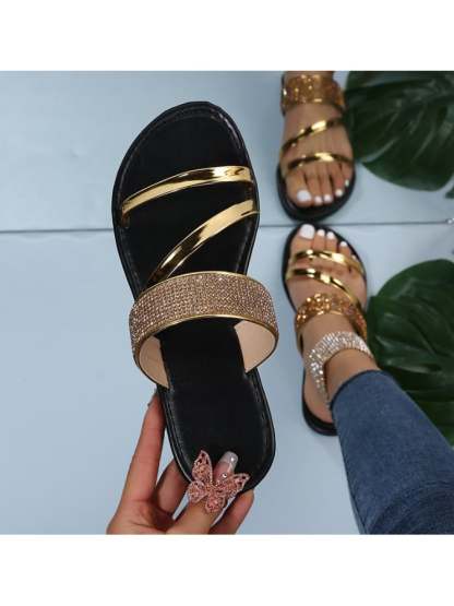 Flat -Bottom Slippers Female Round Head Sequin Rhinestone Light Slippers-POIULTD