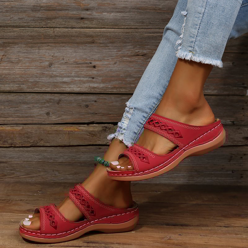 Retro Anti Slip Round Toe Sloping Heel Comfortable Women'S Slippers-POIULTD