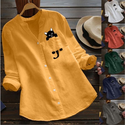 🔥V-neck Cotton And Cat Print Long Sleeve Blouse-POIULTD