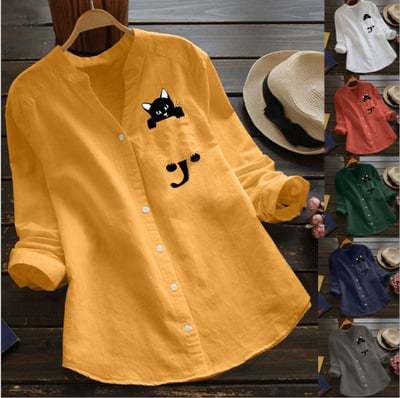 🔥V-neck Cotton And Cat Print Long Sleeve Blouse-POIULTD
