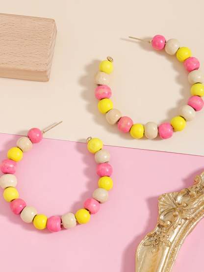 Women's Carnival Colored Wooden Beads Fashionable And Versatile Temperament Light Luxury Earrings-POIULTD