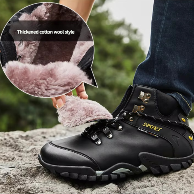 (⏰Limited Time Sale 69%off)Men's Genuine Leather Waterproof Hiking Boots Wide-Toe Warm Insulated Winter Ankle Boots-POIULTD